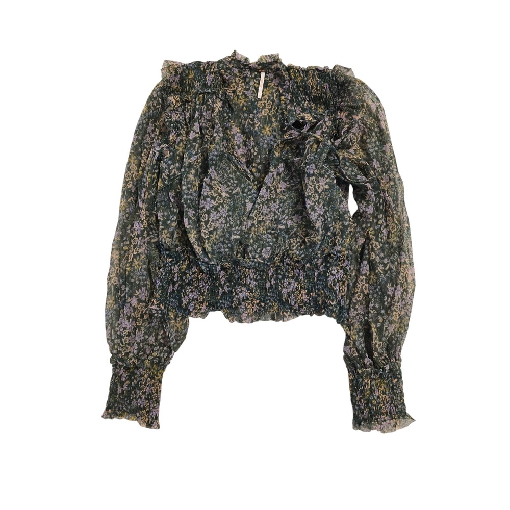 Free People Floral Mesh Smocked Crop Blouse Green Purple Long Sleeve M‎ 5151